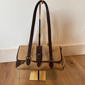 The Sak Brown and Tan Crocheted Shoulder Messenger Handbag Vintage Tote Buckle